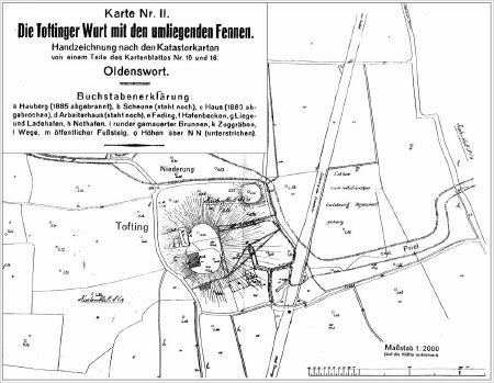 Die Toftinger Warft mit den umliegenden Fennen